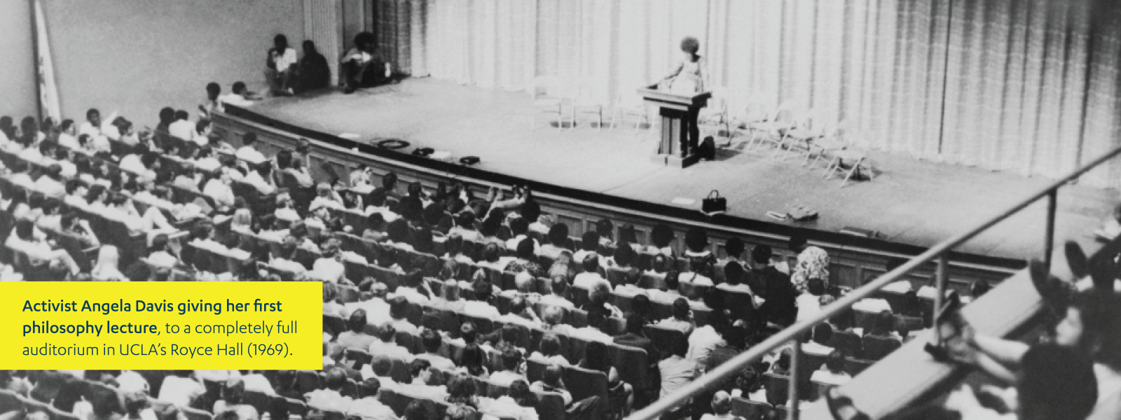 "Activist Angela Davis giving her first philosophy lecture to a completely full auditoriumn in UCLA's Royce Hall (1969)."