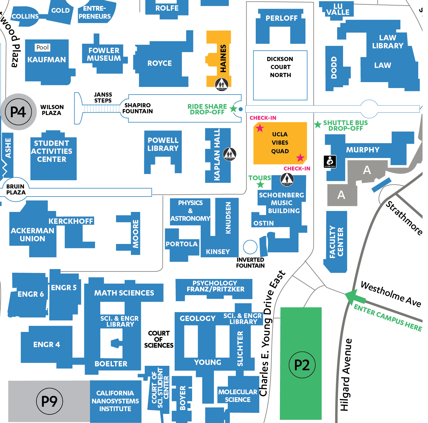 UCLA Vibes Map: Campus tours meet at Dickson Court South in front of Schoenberg Music Building